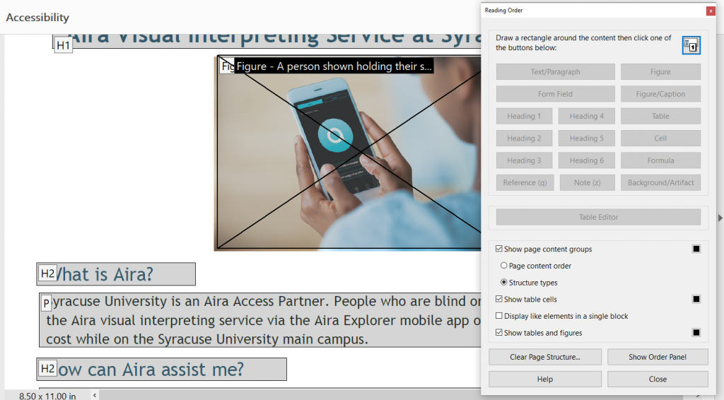 Screenshot of the Reading Order panel over the file content, which now displays tags on page elements. 