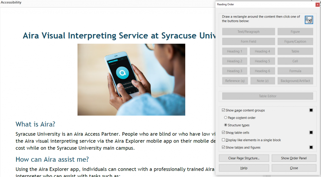 Screenshot of the Reading Order panel over the file content, which does not display tags over page elements. 