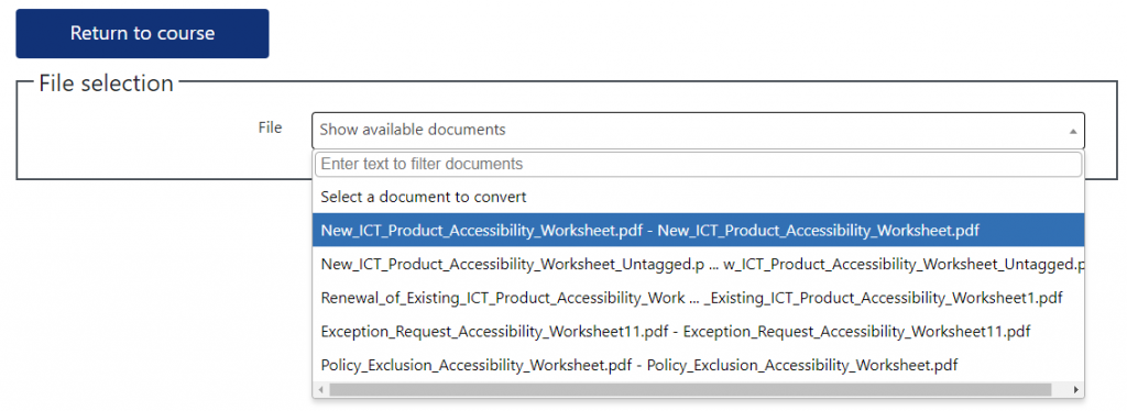 File Selection menu expanded to reveal existing and selectable documents within the Blackboard course. 