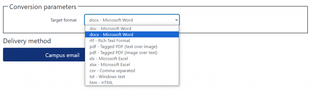 Conversion Parameters menu where the Target Format drop-down menu is expanded to show possible target formats. 