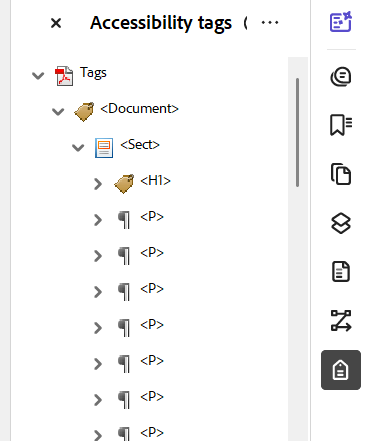 The accessibility tags panel, showing an example of a PDF tag tree.