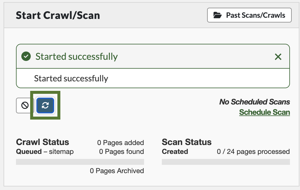 the Start Crawl/Scan subsection, with the refresh button highlighted.