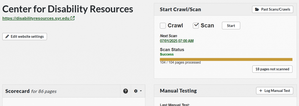 view of a website's individual dashboard