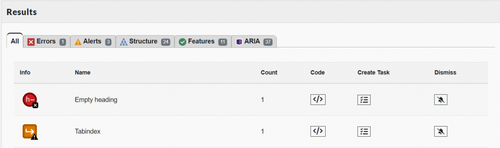 the results page and tabs