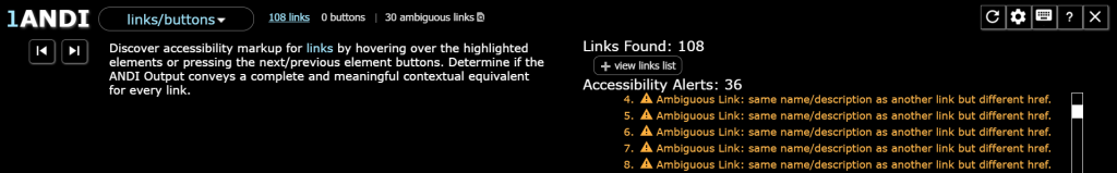ANDI's links/buttons module, displaying 36 accessibility alerts for the same link names.