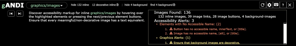 ANDI's graphics/images module with three accessibility alerts and one graphics alert shown