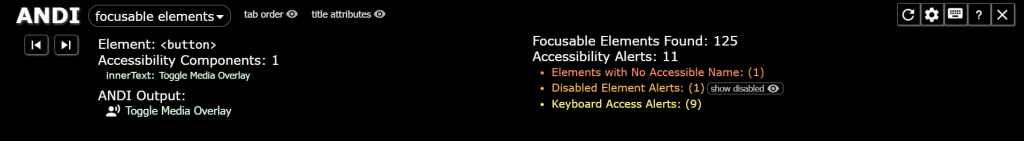 The ANDI interface displaying the Element type, Accessibility Components, and ANDI Output features.