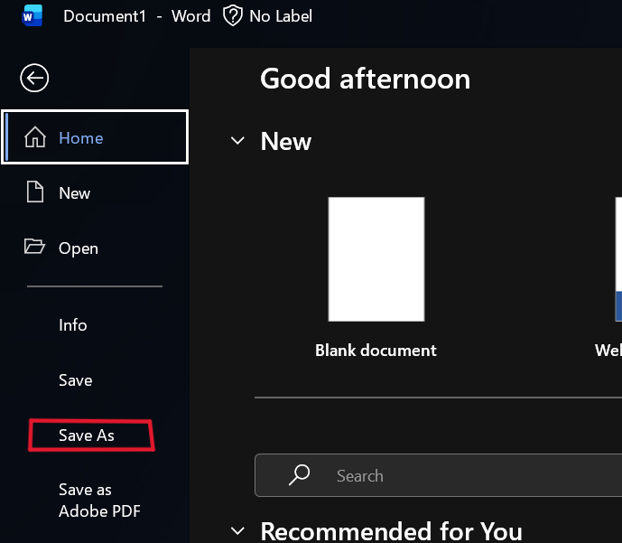 Microsoft Word's File menu, with the option "Save As" highlighted. 