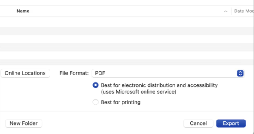 Microsoft Word save dialogue box for Mac, with "Best for electronic distribution" option selected.  