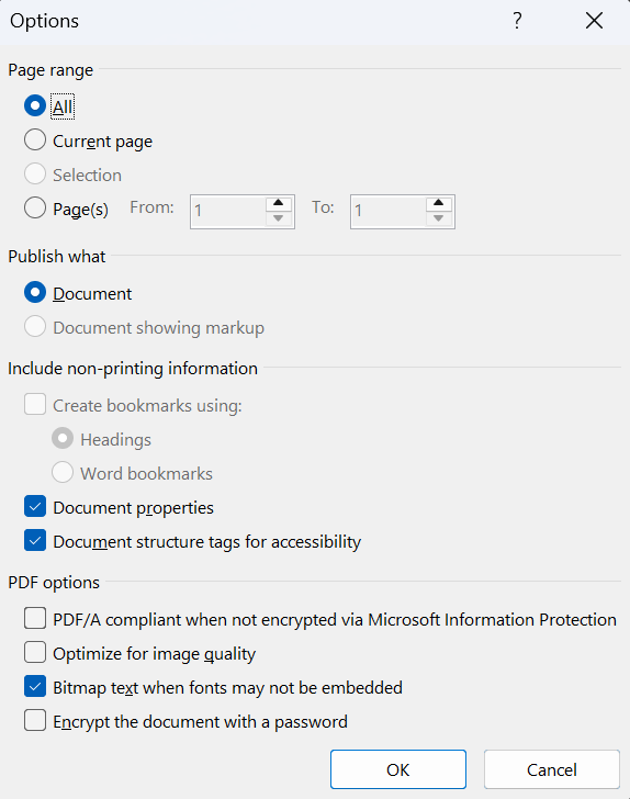Options dialogue box in Microsoft Word with the "Document structure tags for accessibility" option selected. 